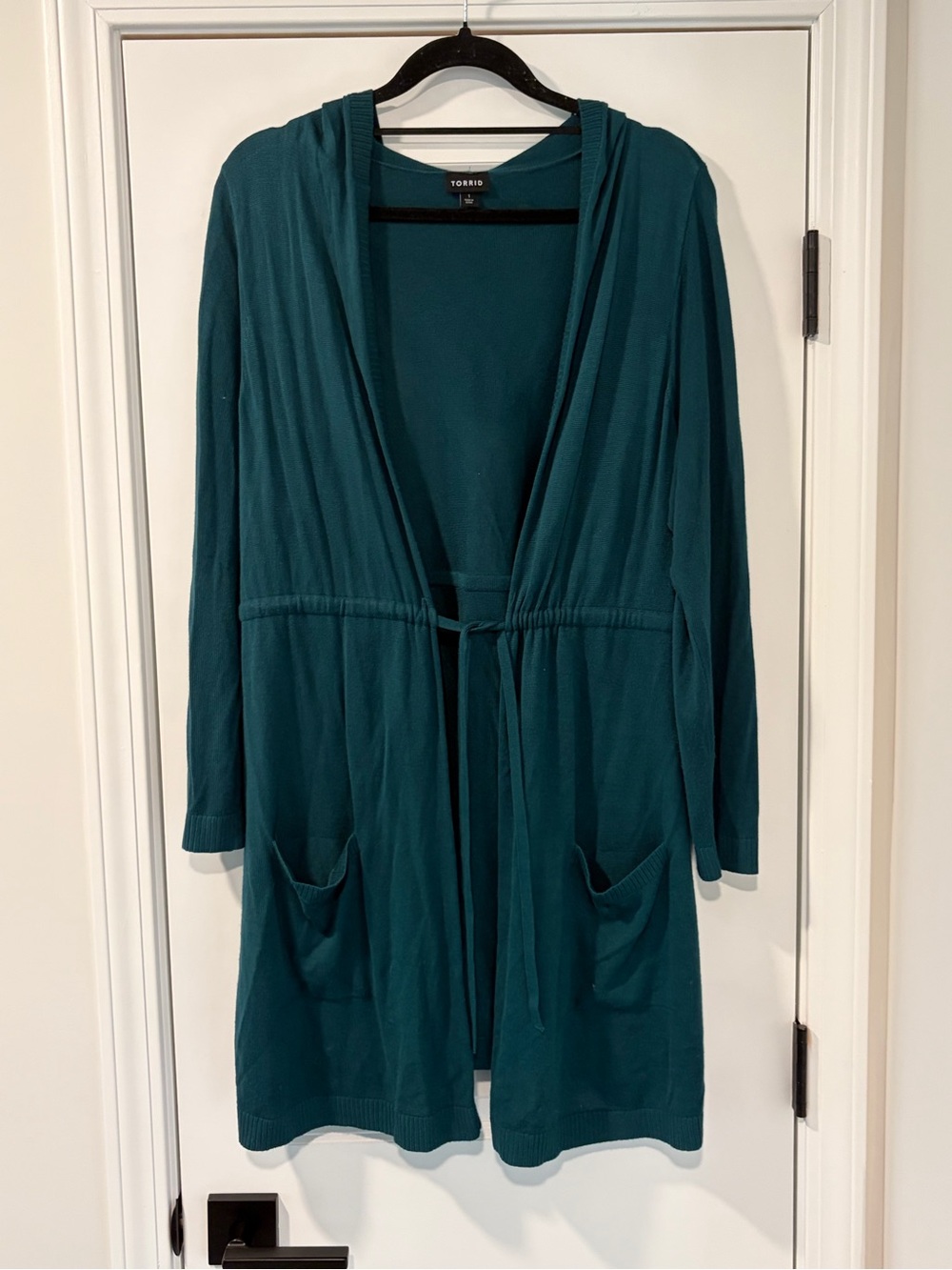 3/$20 Torrid Teal Open-Front Long Cardigan with Pockets and Hood - Picture 5 of 6